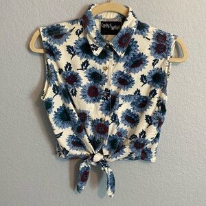 VTG Blue Cropped Sunflower Print Button Down
